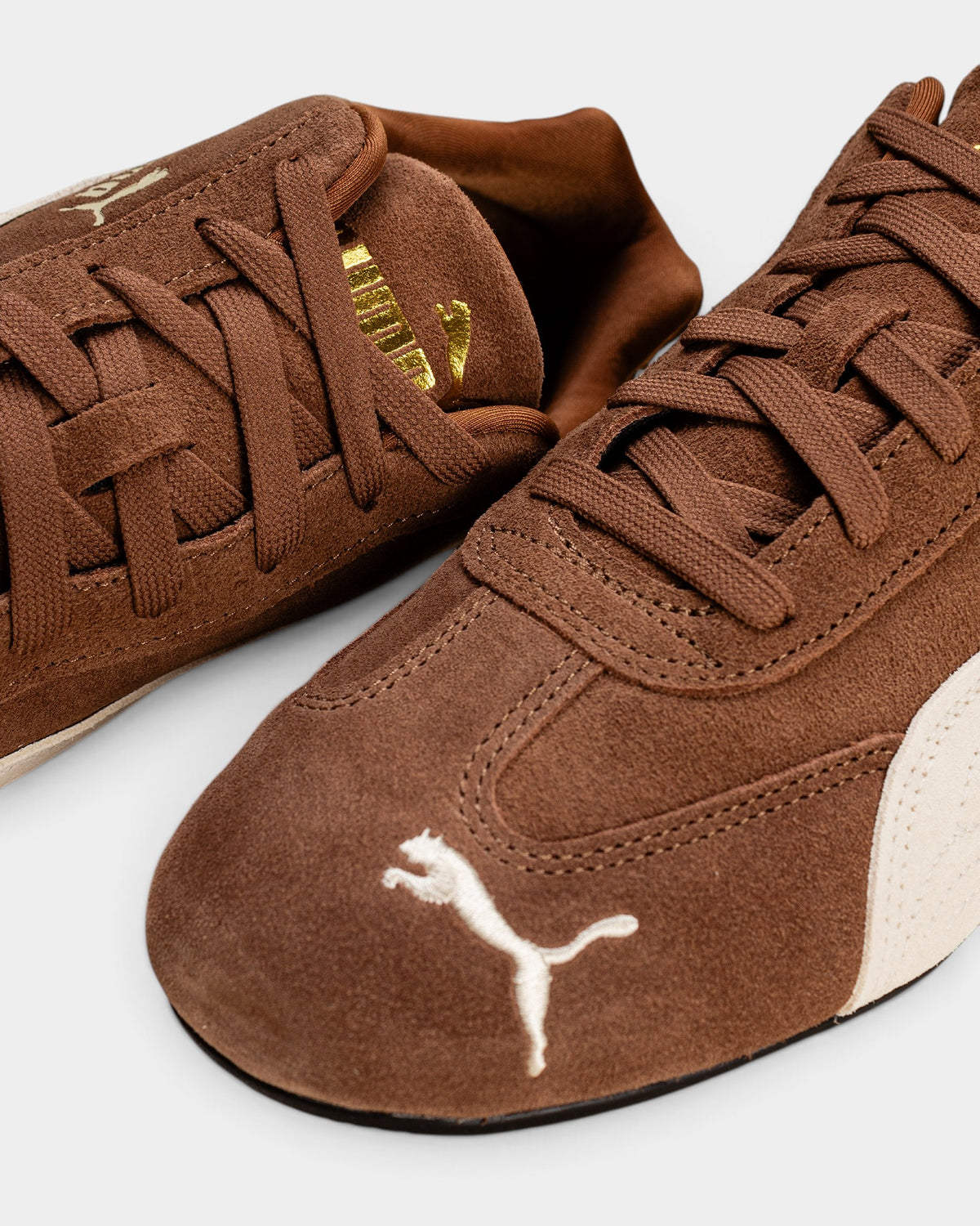 Lockwood Avenue Puma Speedcat OG shoes in Haute Coffee brown suede with ivory accents and gold tongue logo