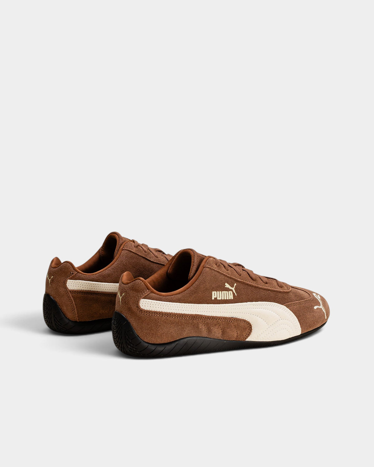 Lockwood Avenue Puma Speedcat OG suede sneakers in Haute Coffee brown and Frosted Ivory with gold logo details.