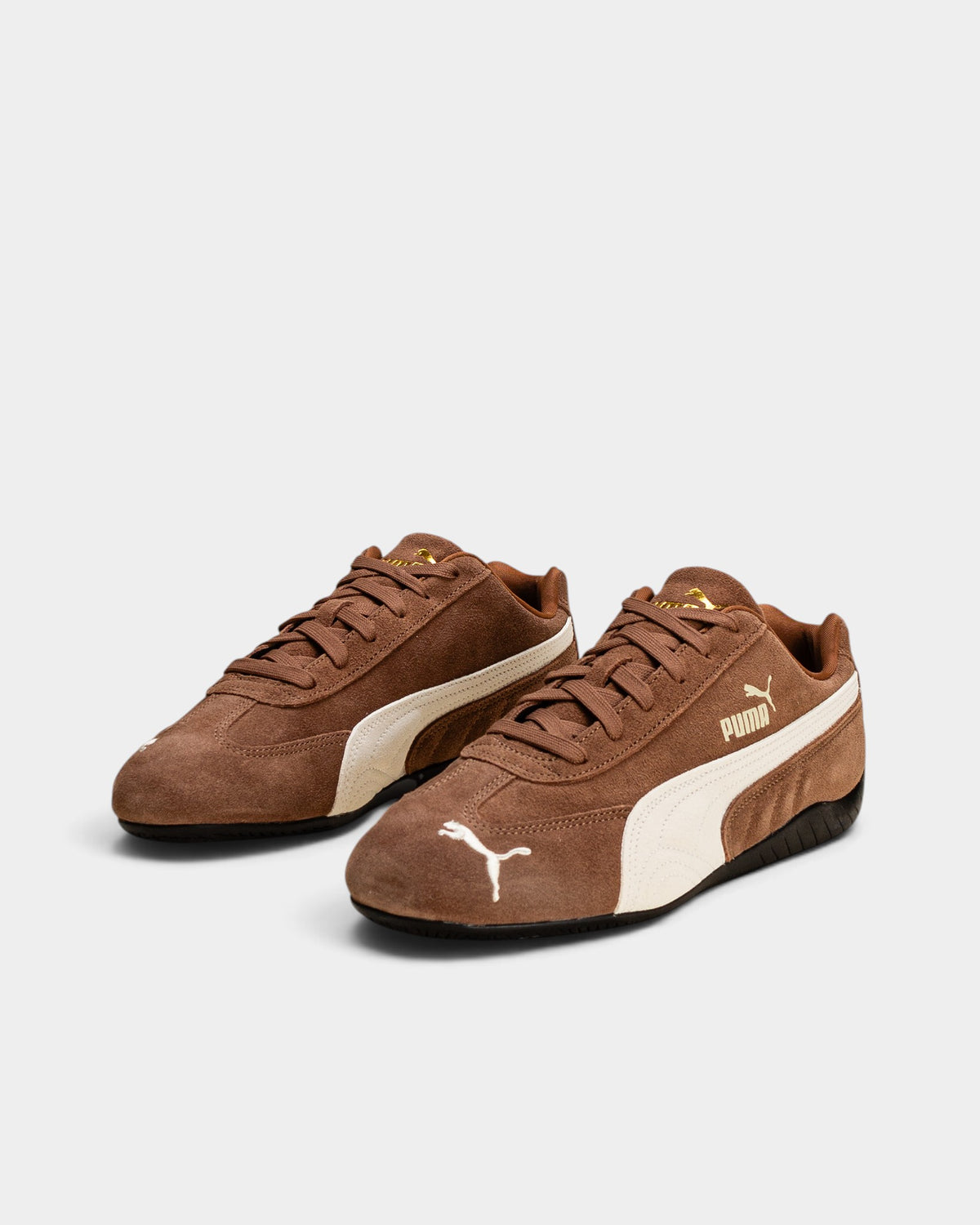 Lockwood Avenue Puma Speedcat OG suede sneakers in Haute Coffee brown and Frosted Ivory with gold logo details.