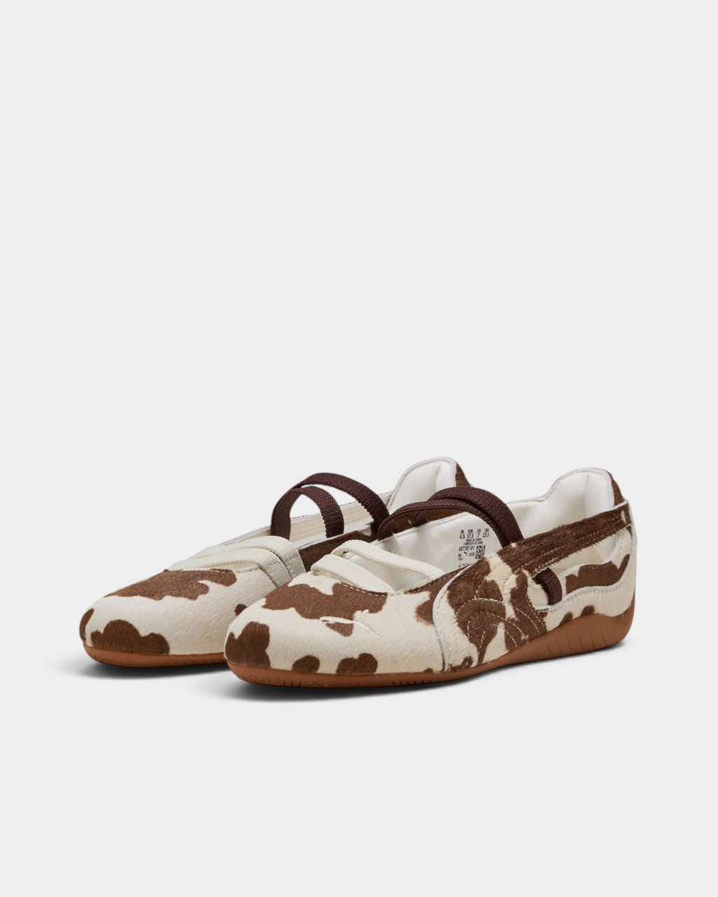 Lockwood Avenue Puma Speedcat ballet shoes in brown and white cow-print pony hair with elastic straps and rubber sole