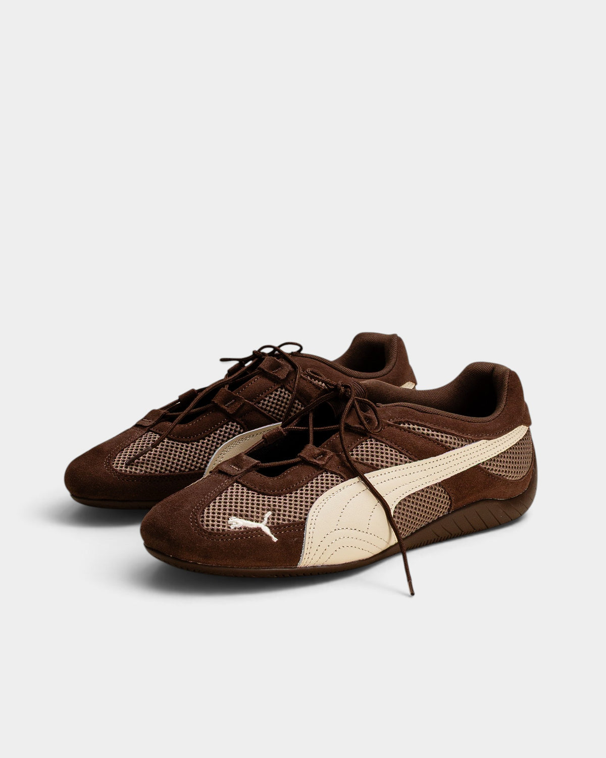 Lockwood Avenue Puma Speedcat GO sneakers in chocolate brown suede and mesh with alpine snow off-white accents.