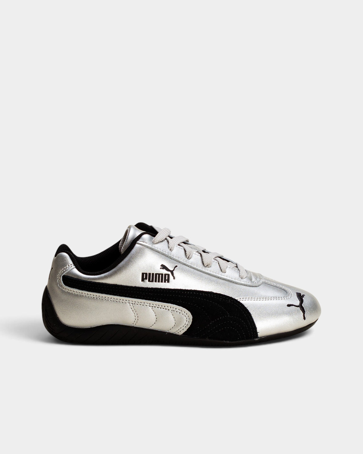 Lockwood Avenue Puma Speedcat Metallic driving shoes in silver synthetic leather with black suede Formstrip detail.