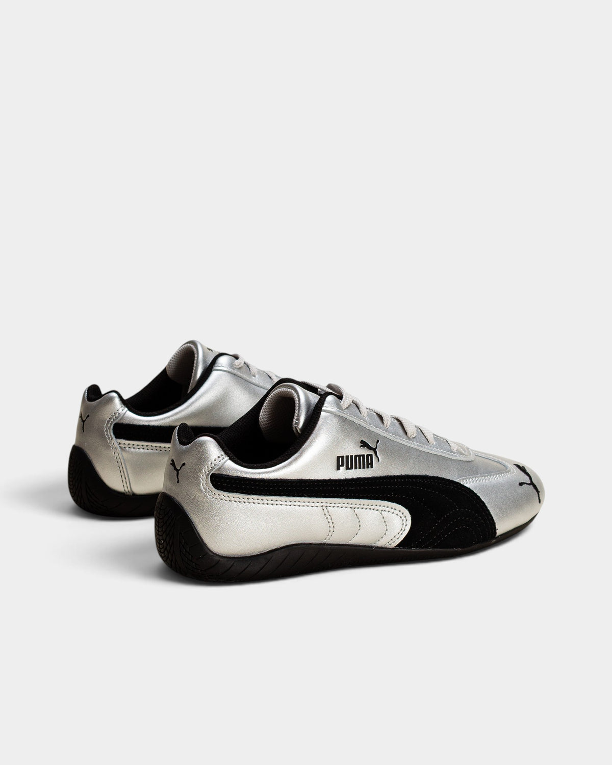 Lockwood Avenue Puma Speedcat metallic silver driving shoes with black suede Formstrip and slim rubber outsole