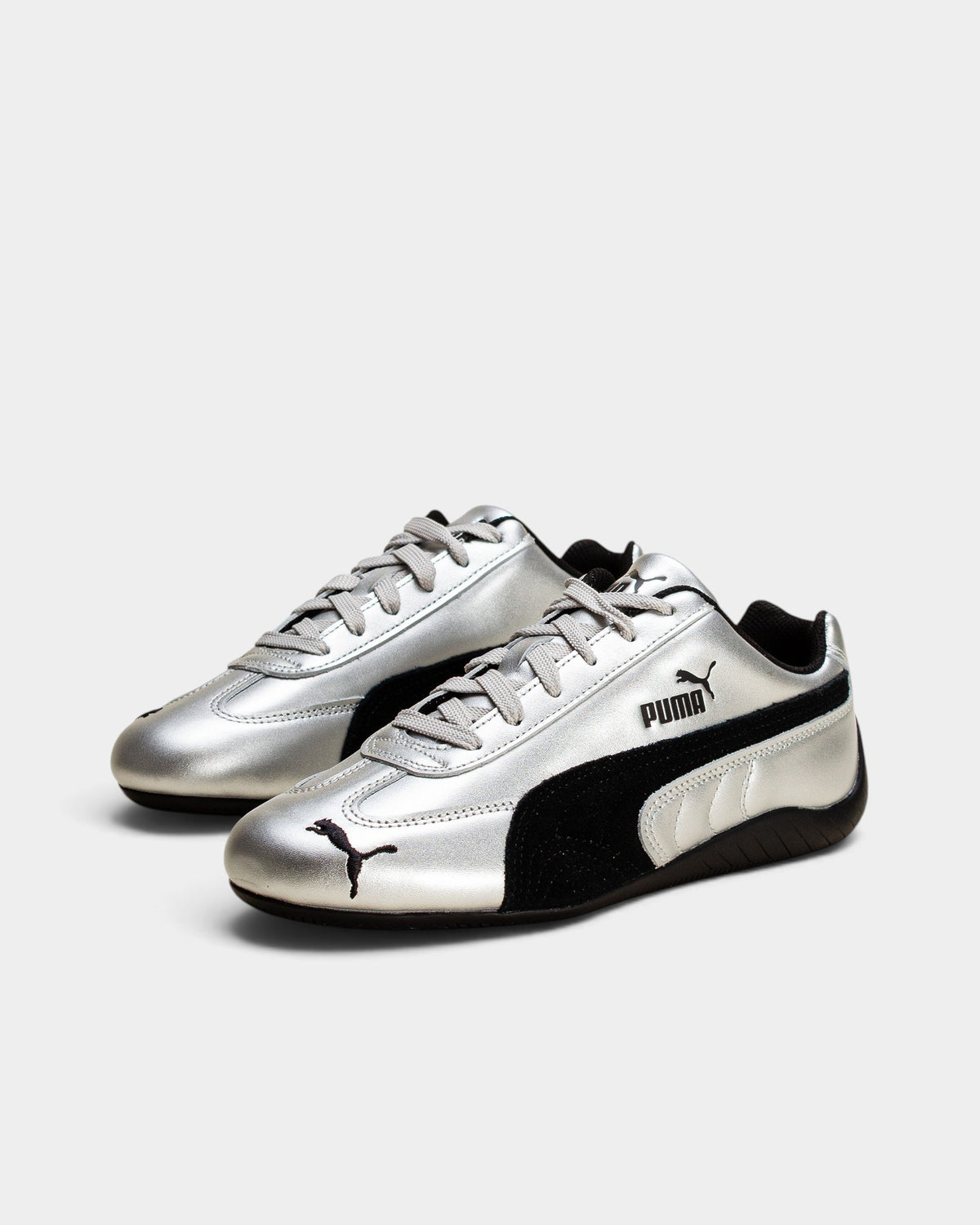 Lockwood Avenue Puma Speedcat Metallic silver synthetic leather driving shoes with black suede Formstrip