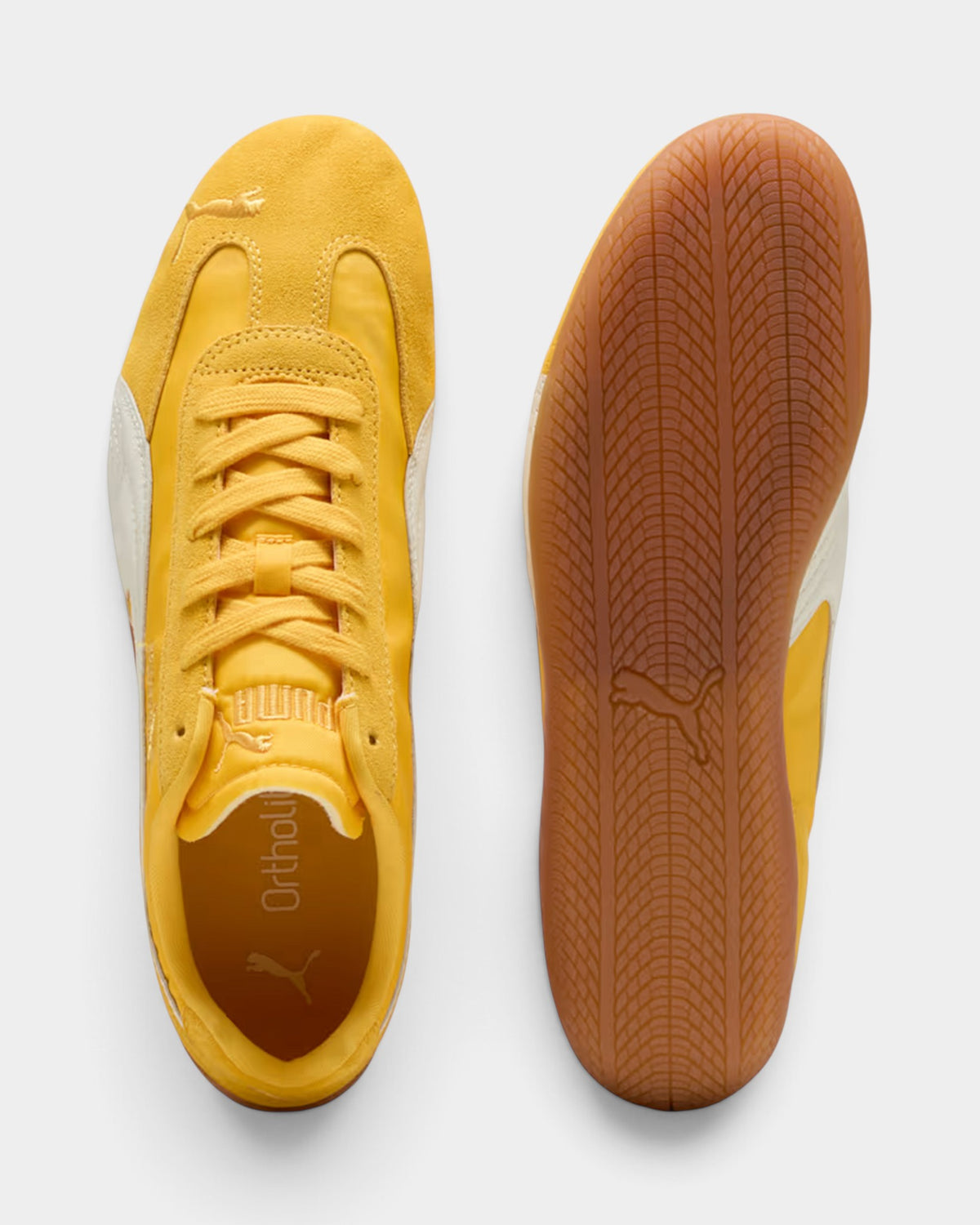 Lockwood Avenue Puma Speedcat nylon sneakers in yellow with white formstrip and gum rubber outsole, top-down view.
