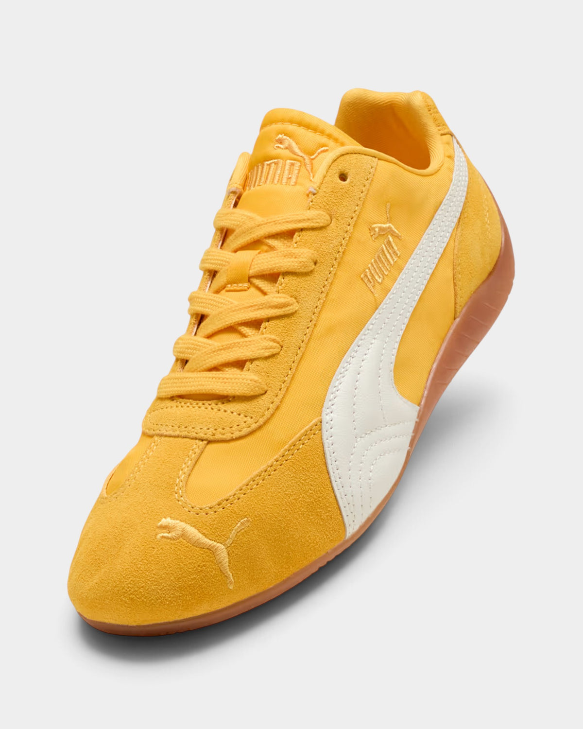 Lockwood Avenue Puma Speedcat nylon sneakers in Yellow Sizzle with white Formstrip and low-profile rubber outsole.