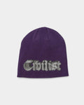 Lockwood Avenue purple acrylic knit beanie featuring the Civilist skull logo graphic in a gothic font style.