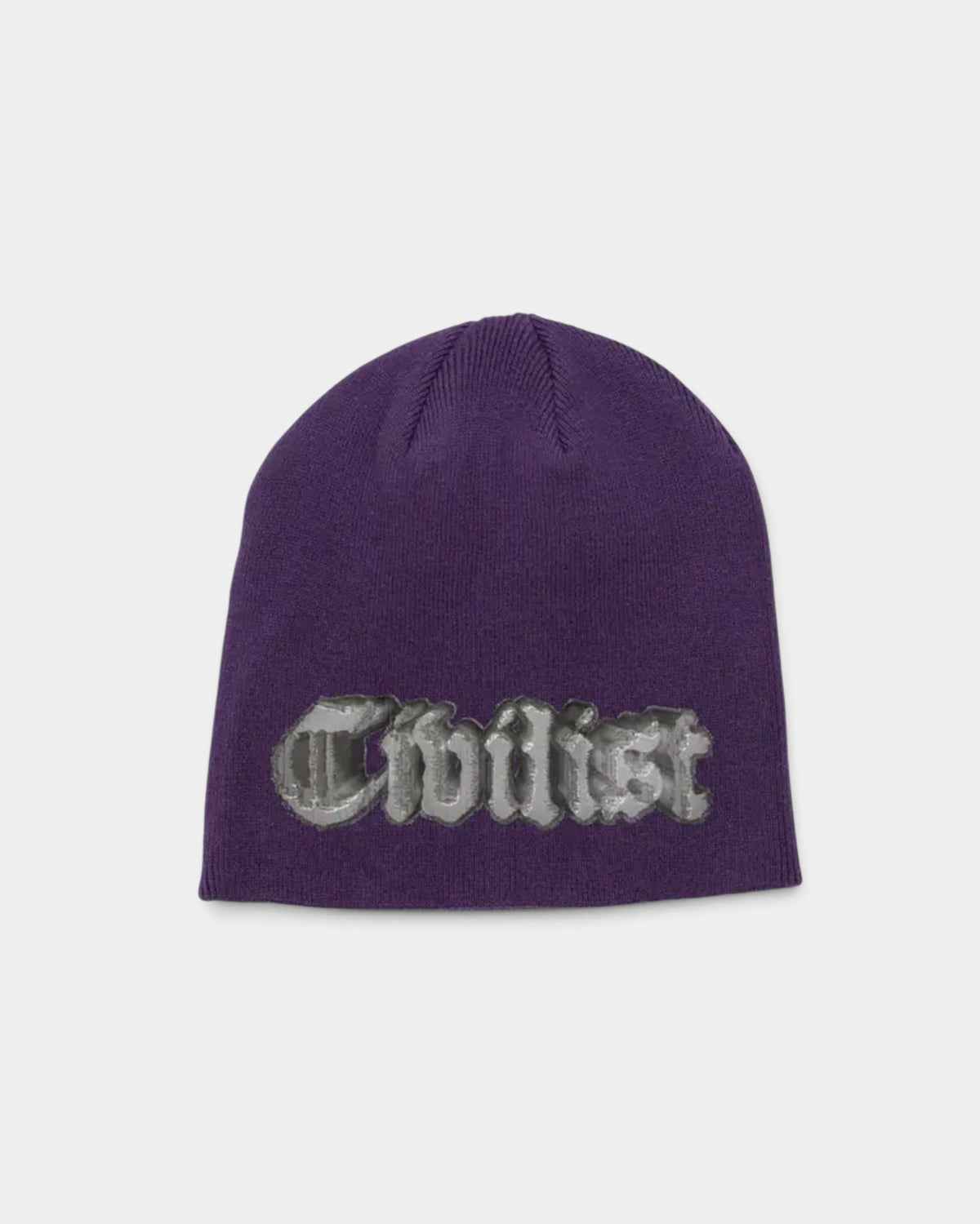 Lockwood Avenue purple acrylic knit beanie featuring the Civilist skull logo graphic in a gothic font style.