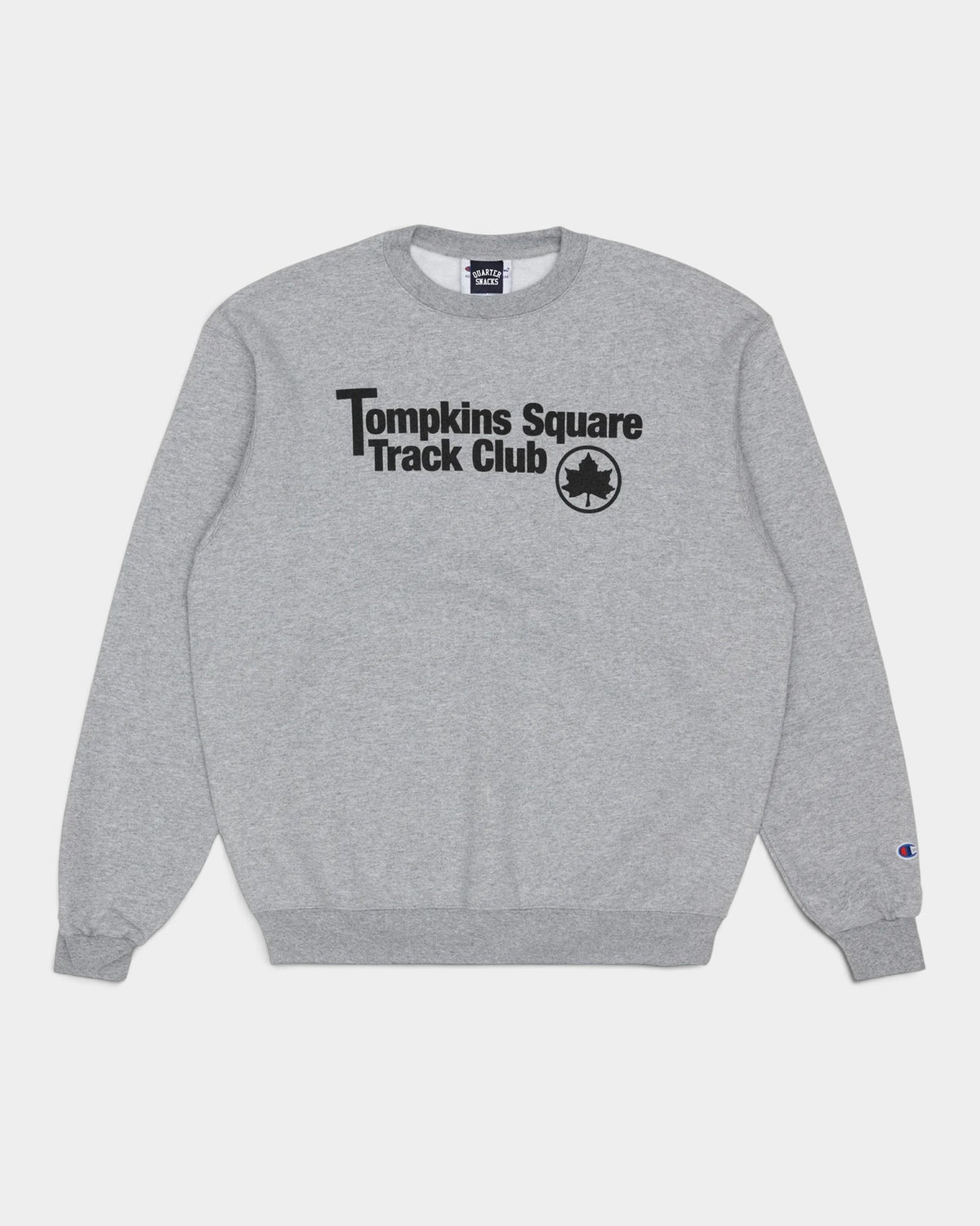 Lockwood Avenue Quartersnacks grey crewneck sweatshirt with Tompkins Square Track Club graphic and Champion logo.