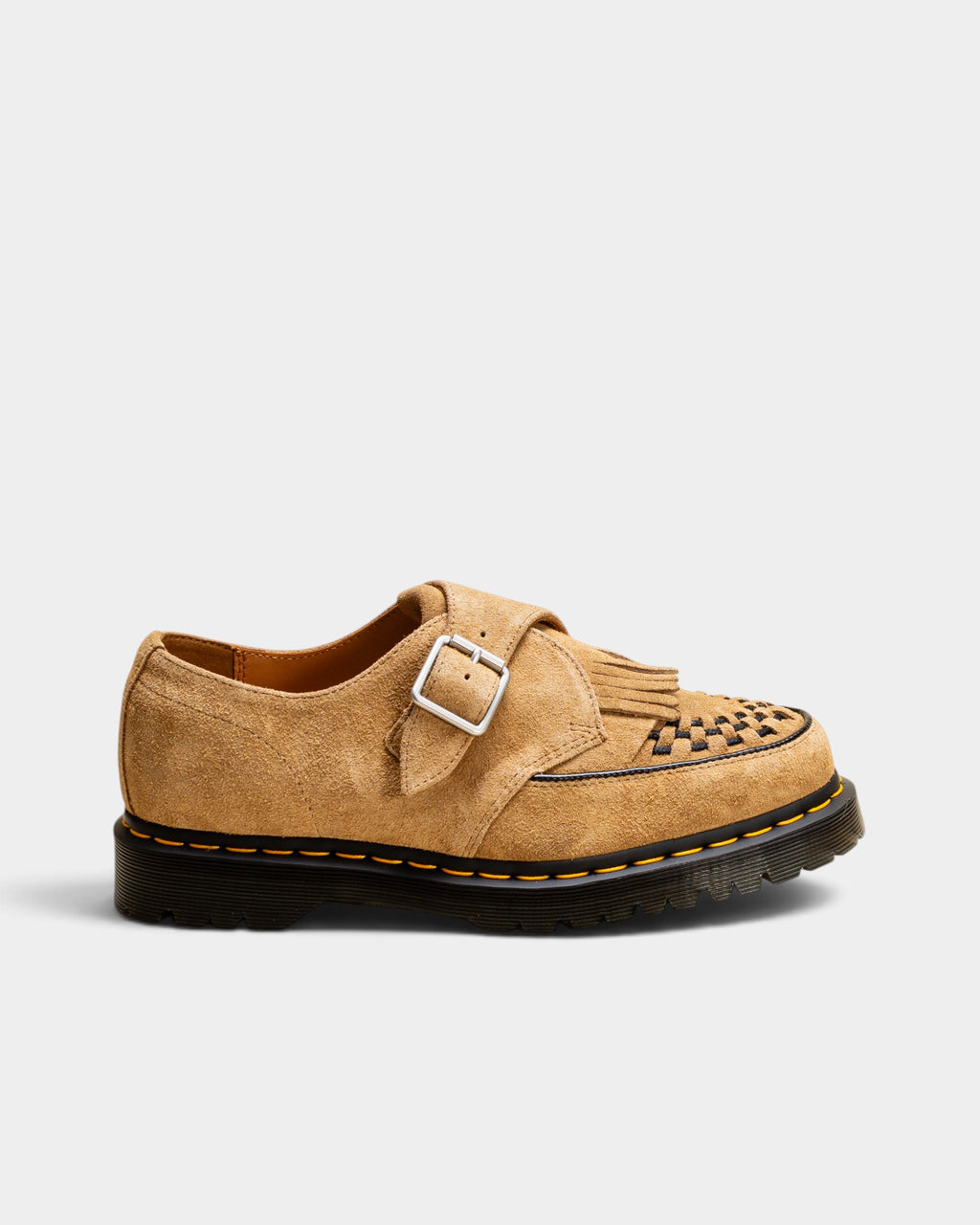 Lockwood Avenue Dr. Martens Ramsey monk strap creeper in Savannah Tan suede with kiltie and yellow welt stitching