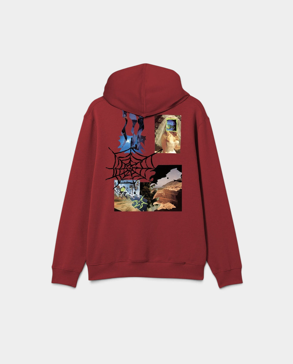 Lockwood Avenue red pullover hoodie with Tom Botwid collage artwork and spiderweb graphic printed on the back