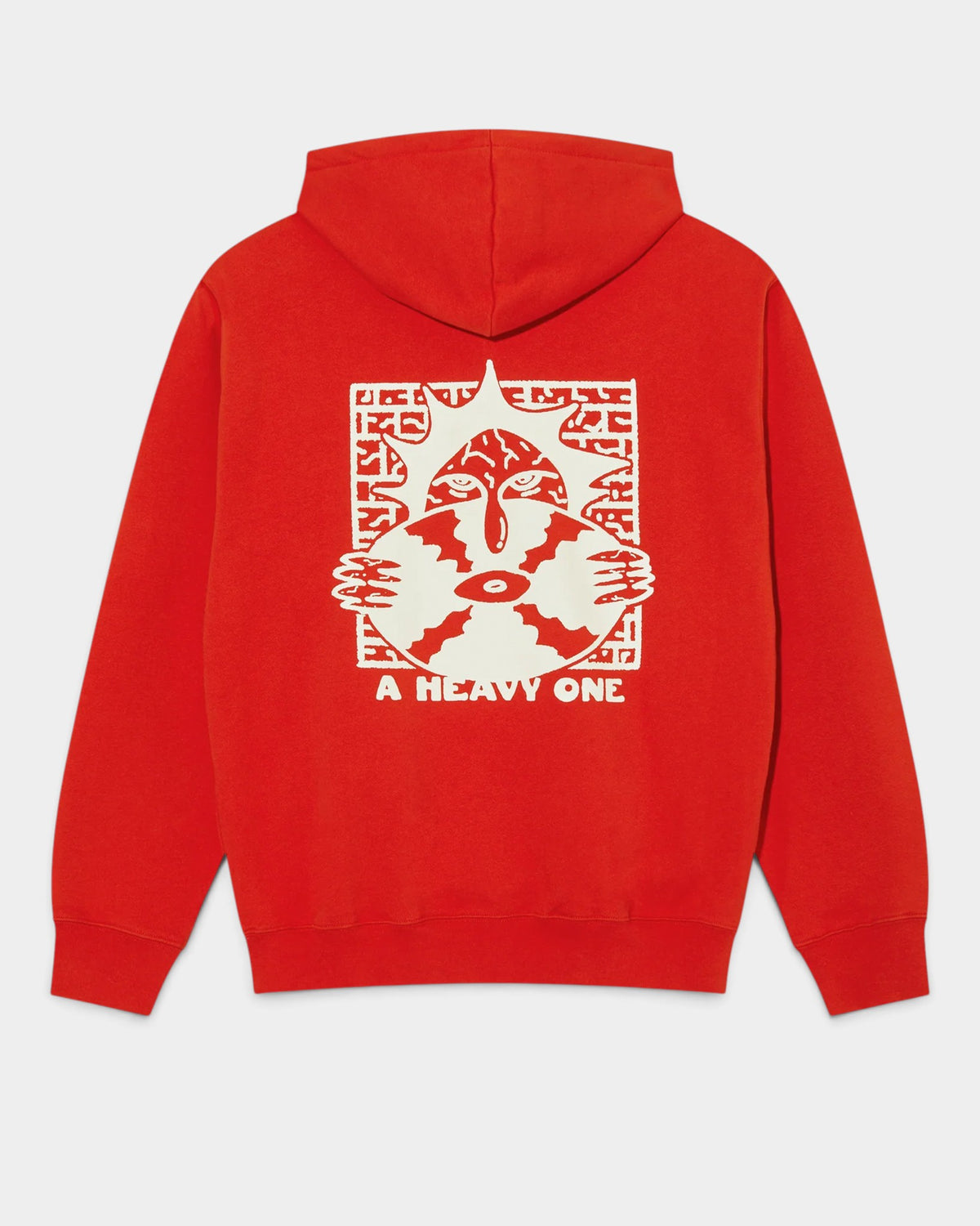 Lockwood Avenue red heavyweight cotton fleece hoodie featuring a white screen printed graphic on the back