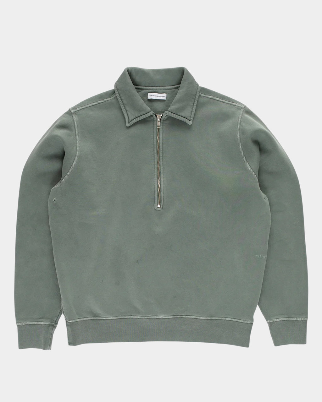 Lockwood Avenue Pop Trading Company sage green heavyweight cotton half-zip sweatshirt with silver metal zipper