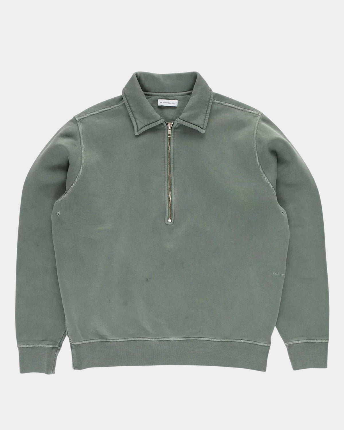 Lockwood Avenue Pop Trading Company sage green heavyweight cotton half-zip sweatshirt with silver metal zipper