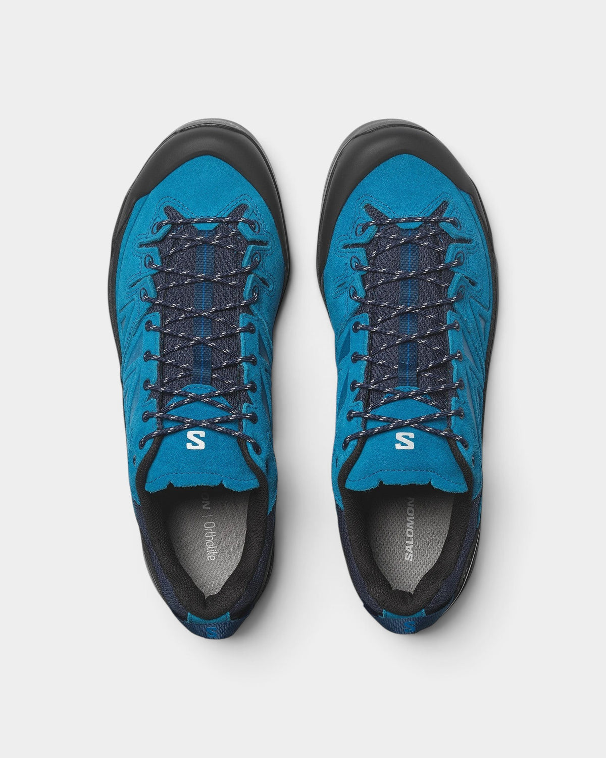 Lockwood Avenue Salomon X-ALP mountaineering shoes in blue suede and textile with protective mudguards, top-down view.