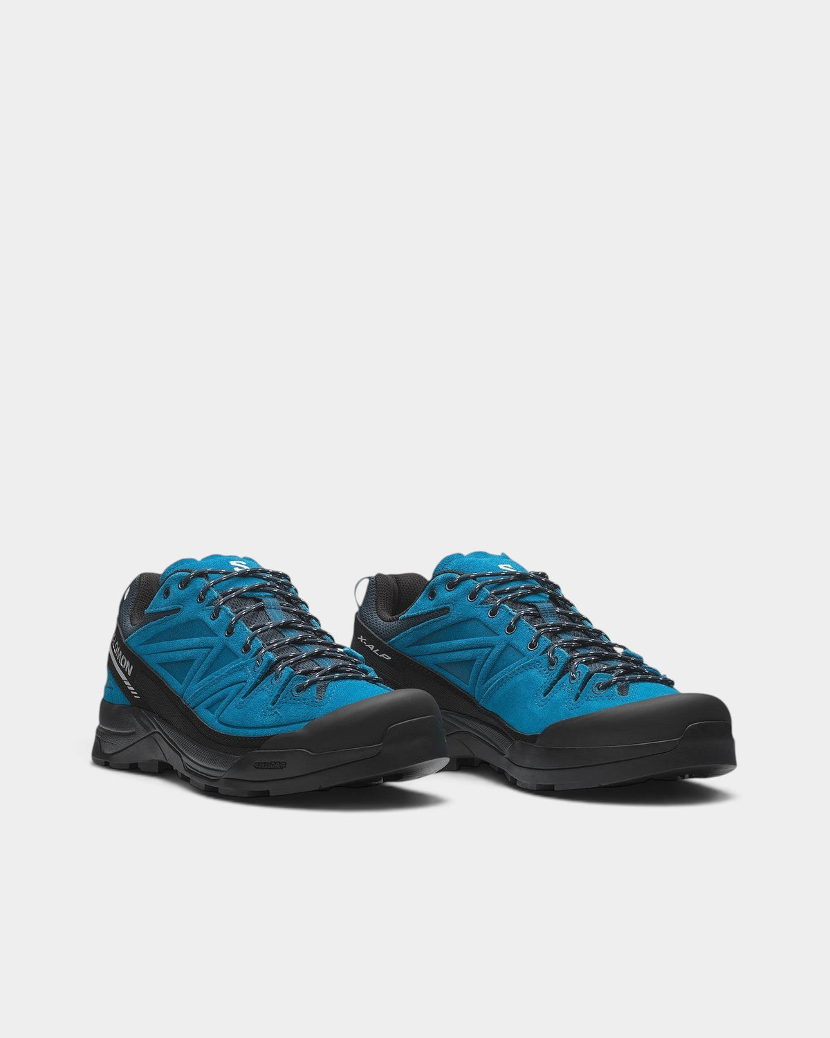 Lockwood Avenue Salomon X-ALP LTR mountaineering shoes in blue suede and textile with protective black mudguards.