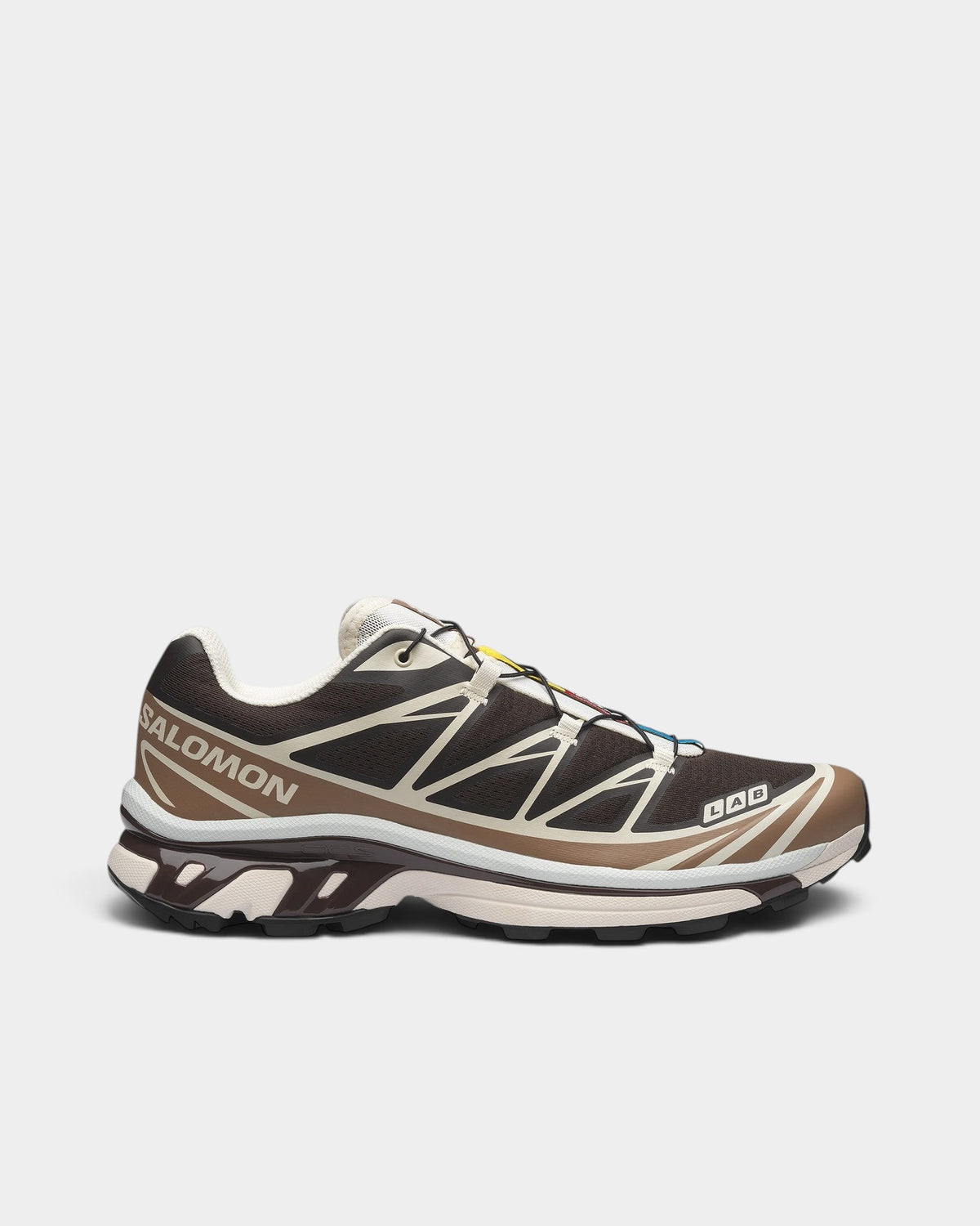 Lockwood Avenue Salomon XT-6 trail running shoes in brown and beige with mesh upper and Quicklace system