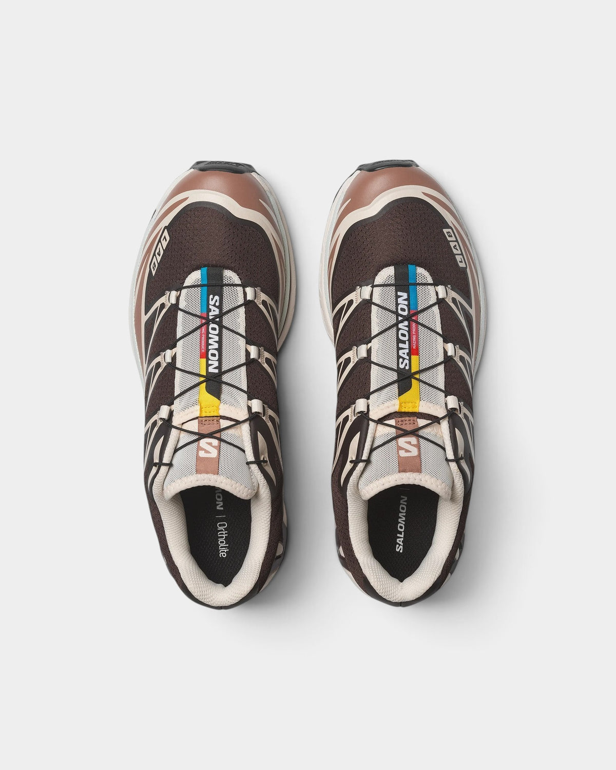 Lockwood Avenue Salomon XT-6 trail running shoes in brown and beige with Quicklace system and mesh upper, top view.