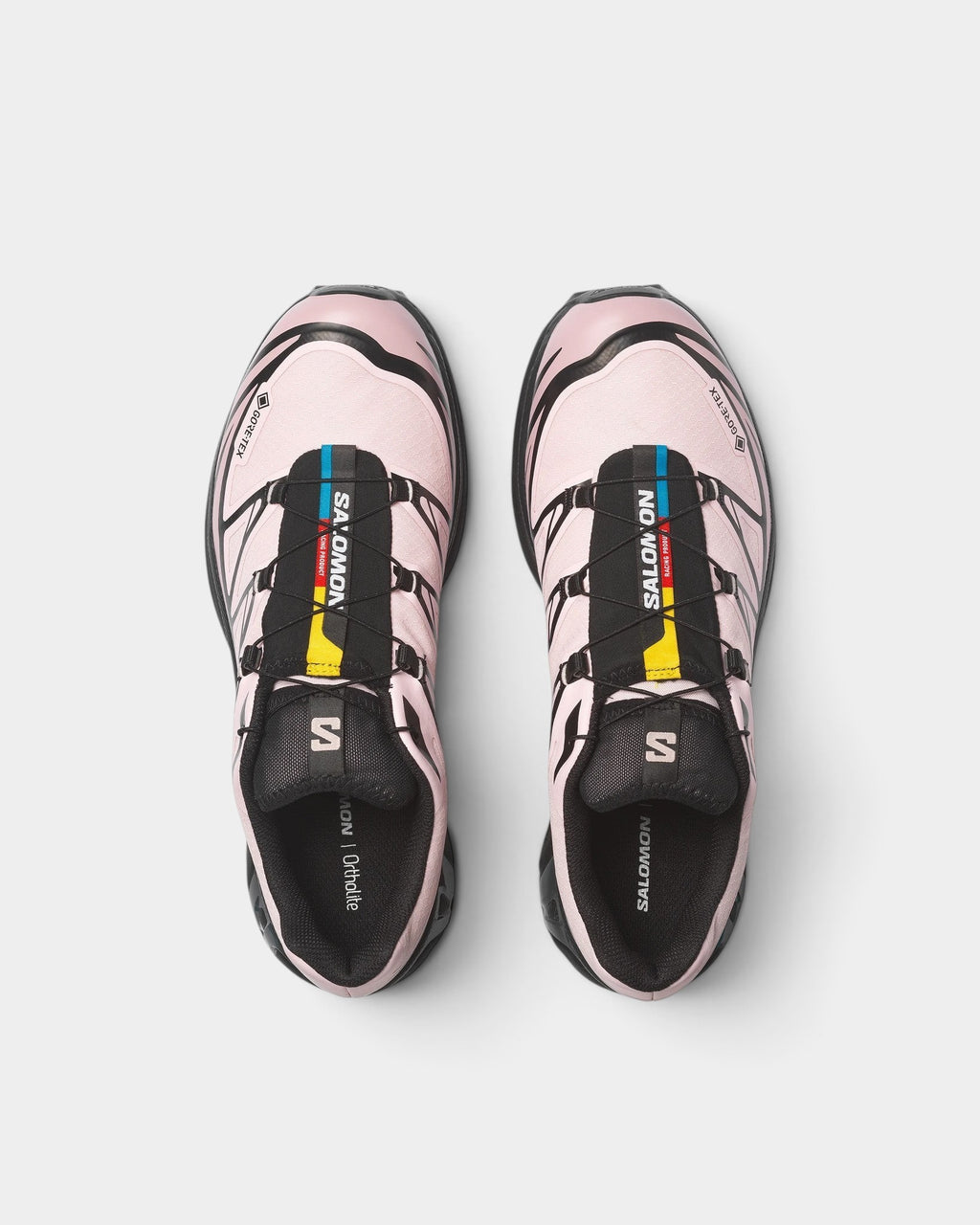 Lockwood Avenue Salomon XT-6 Gore-Tex sneakers in light pink with black accents and Quicklace system, top view.