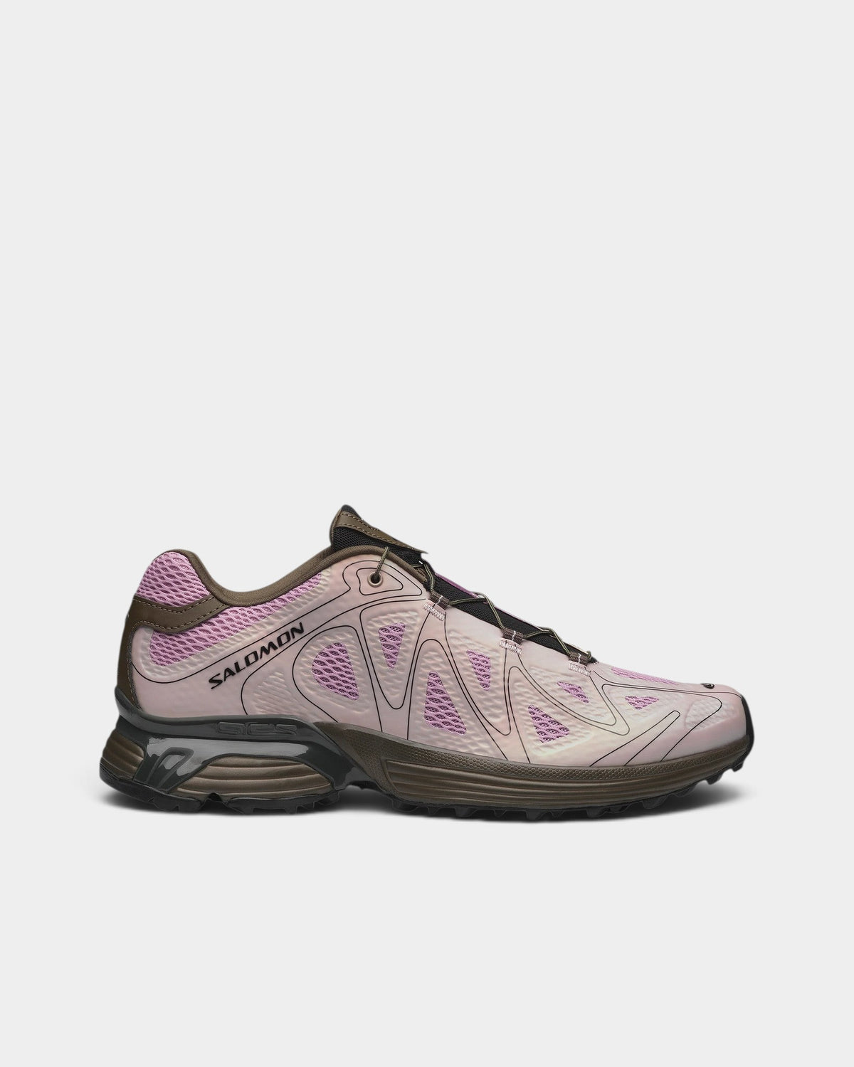 Lockwood Avenue Salomon XT-Whisper Void trail shoe in pink and brown with 3D mesh, TPU overlays, and Quicklace system.