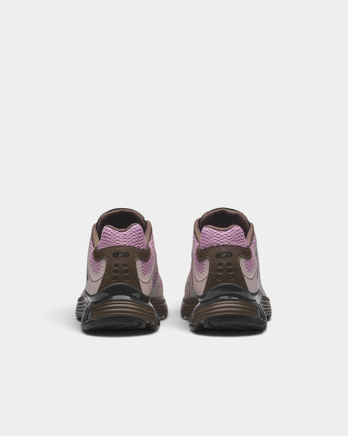 Lockwood Avenue Salomon XT-Whisper Void trail shoes in purple and brown mesh with TPU overlays, rear view.