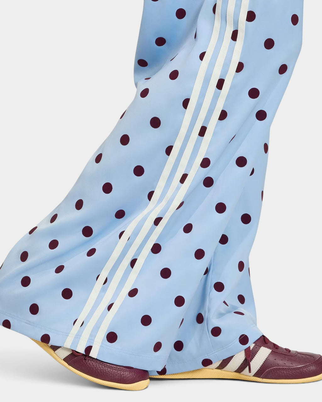 Lockwood Avenue adidas satin wide leg pants in light blue with dark red polka dots and signature white side stripes