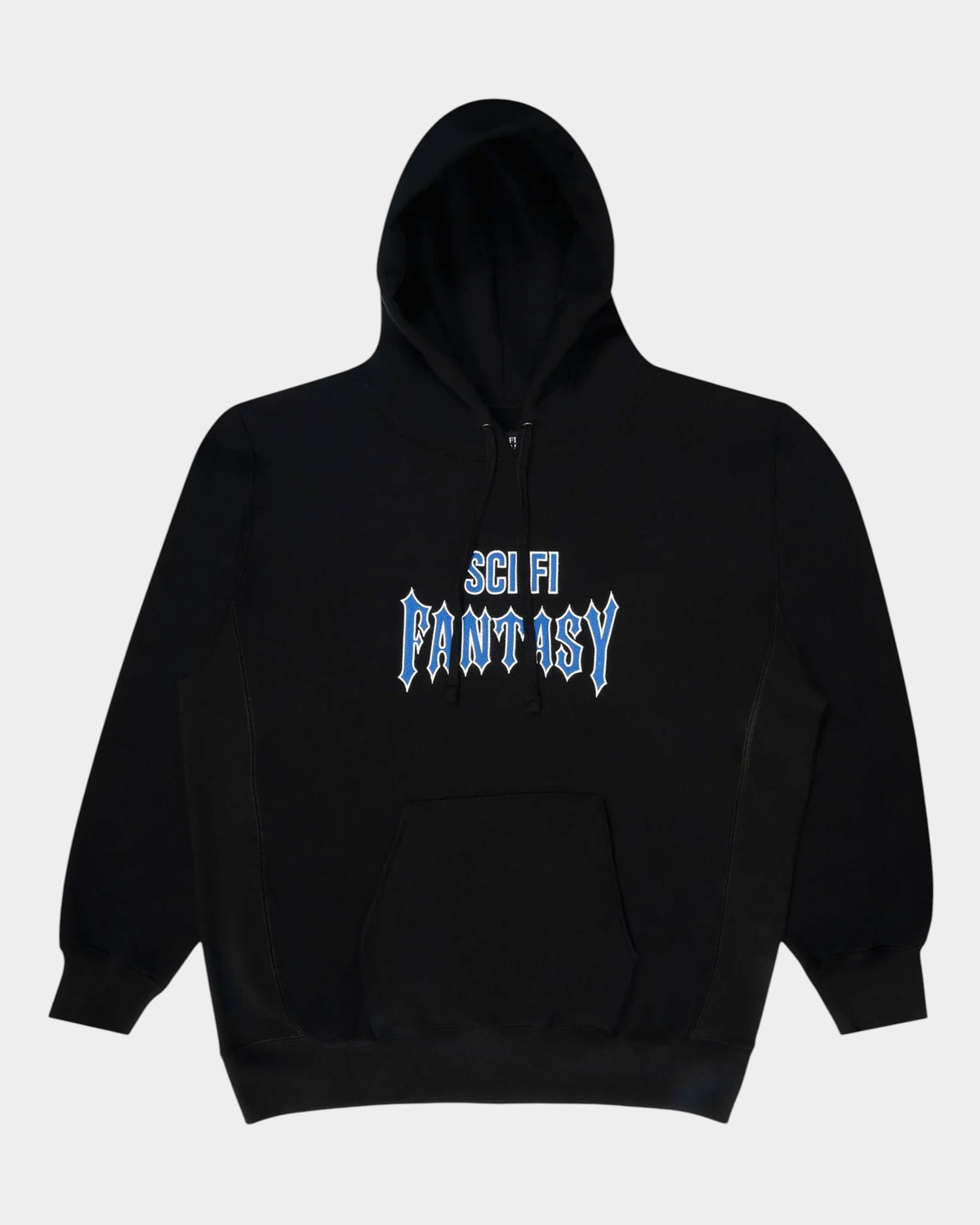 Lockwood Avenue Sci-Fi Fantasy black fleece hoodie with blue and white embroidered gothic chest logo