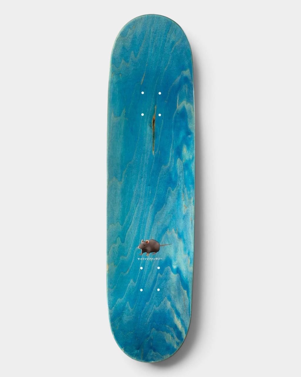 Lockwood Avenue Sci-Fi Fantasy Corey Glick 8.5 inch skateboard deck in blue wood grain with a small rat graphic