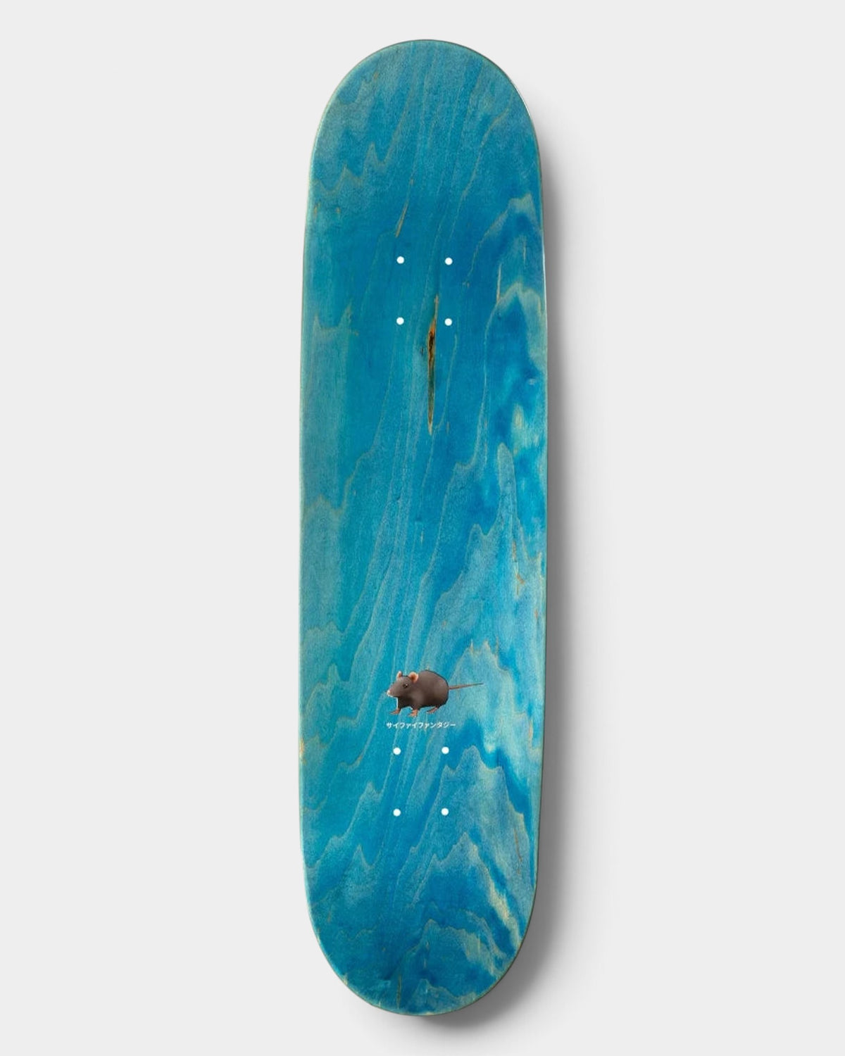 Lockwood Avenue Sci-Fi Fantasy Corey Glick 8.5 inch skateboard deck in blue wood grain with a small rat graphic
