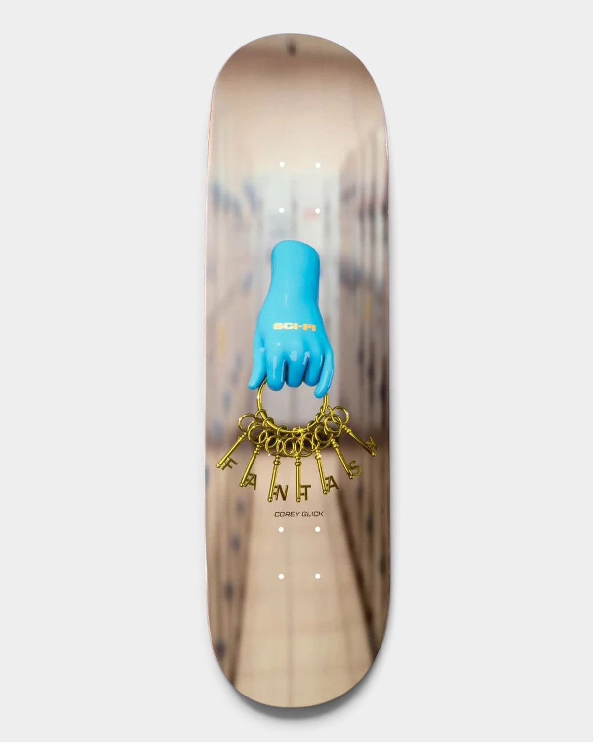 Lockwood Avenue Sci-Fi Fantasy Corey Glick Keys 8.5 inch skateboard deck with blue hand and gold keys graphic