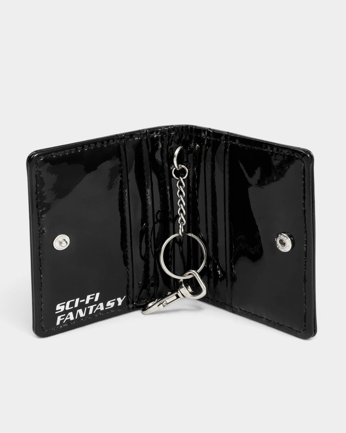 Lockwood Avenue Sci-Fi Fantasy black patent leather bi-fold wallet with interior chain, key ring, and snap closure.