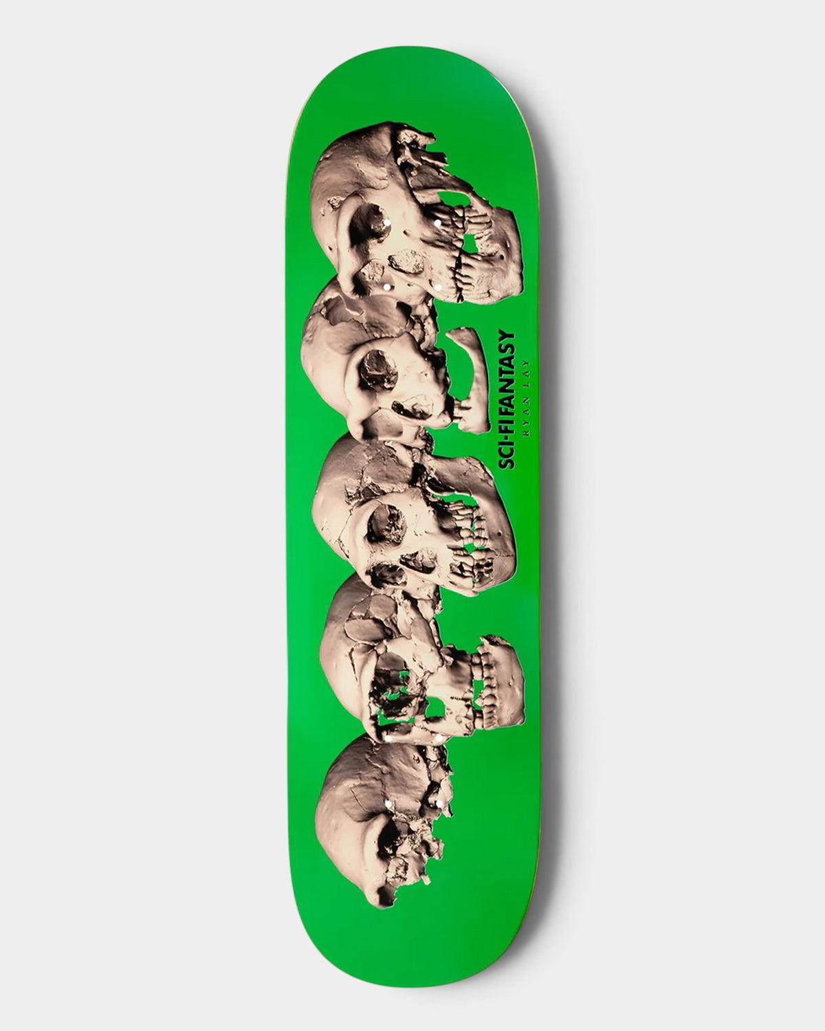 Lockwood Avenue Sci-Fi Fantasy Ryan Lay Evolution 8.38-inch skateboard deck with green background and skull graphic