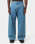Lockwood Avenue Seventh V10 wide-leg denim Bermuda jeans in a faded vintage wash with front knife pleats.