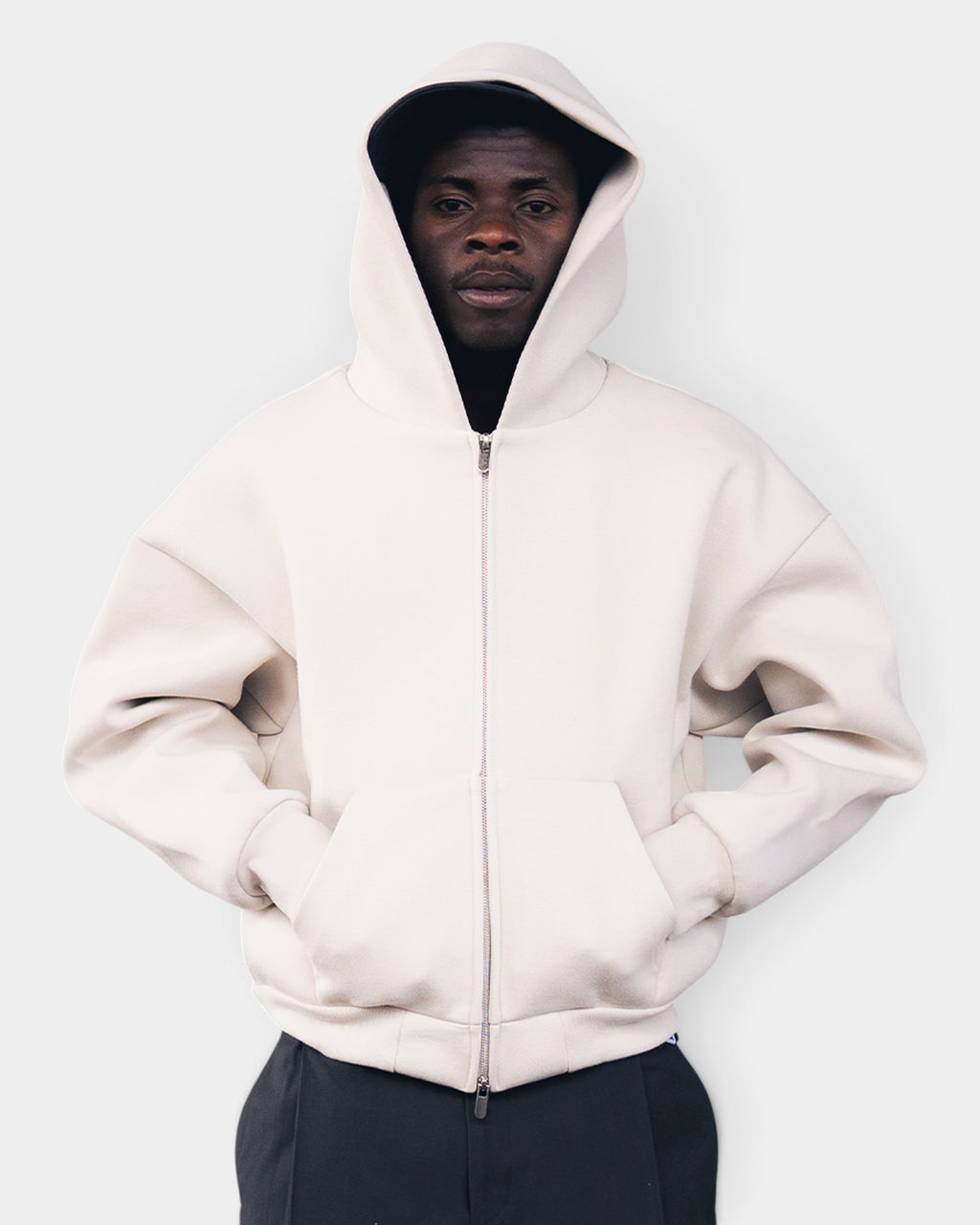 Lockwood Avenue Seventh V2 heavyweight cream zip-up hoodie with drop shoulders and stitch-less kangaroo pockets