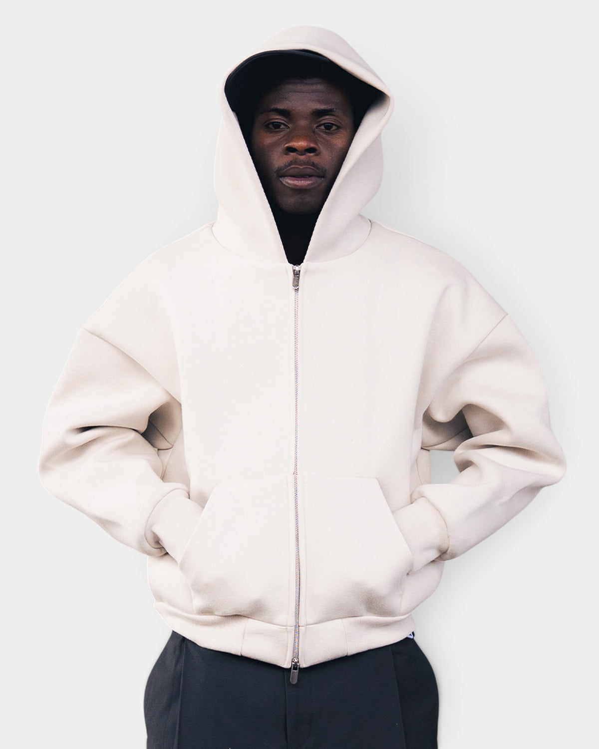 Lockwood Avenue Seventh V2 heavyweight cream zip-up hoodie with drop shoulders and stitch-less kangaroo pockets