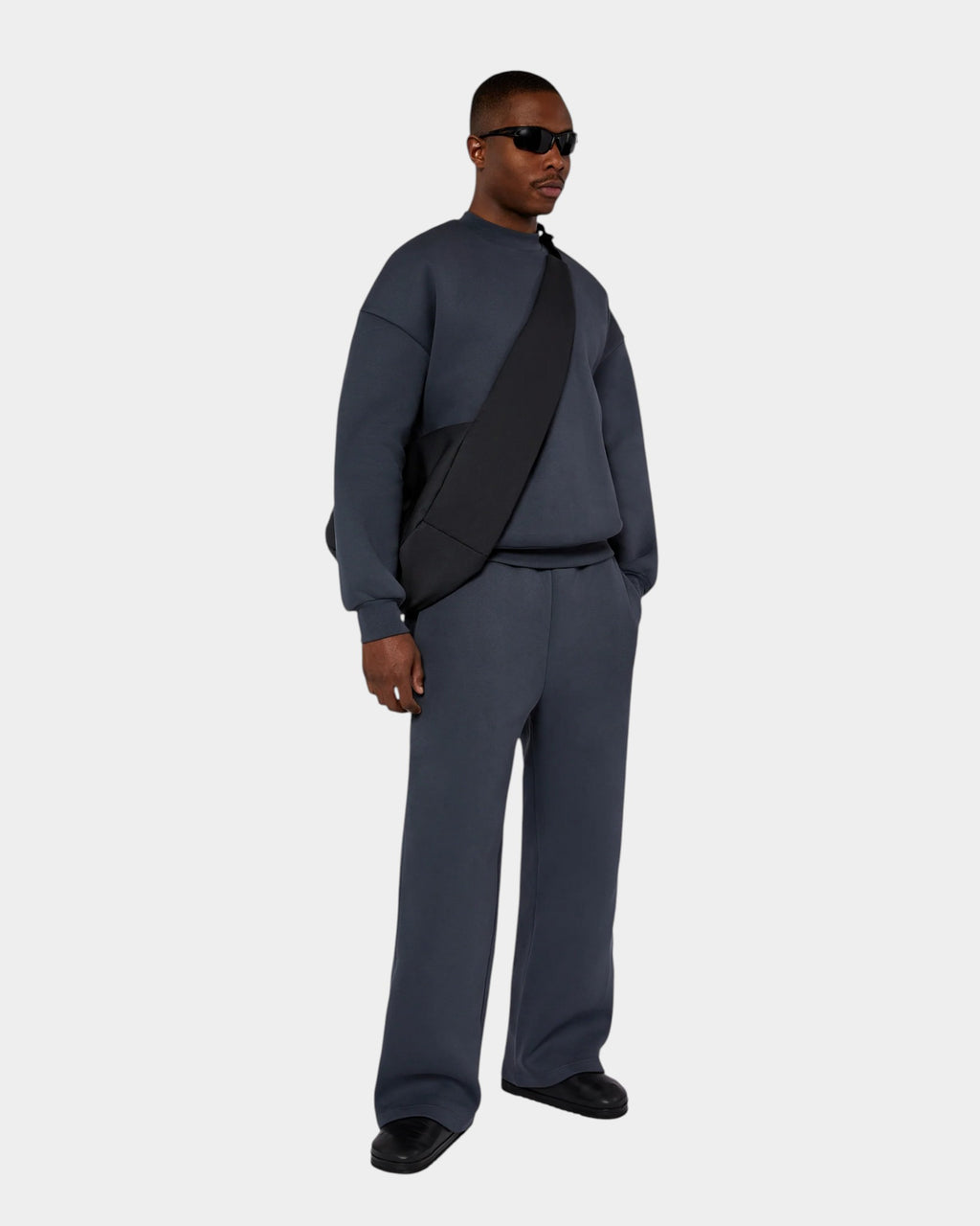 Lockwood Avenue Seventh V2 crewneck sweatshirt in charcoal grey cotton-blend with drop shoulders and matching pants.