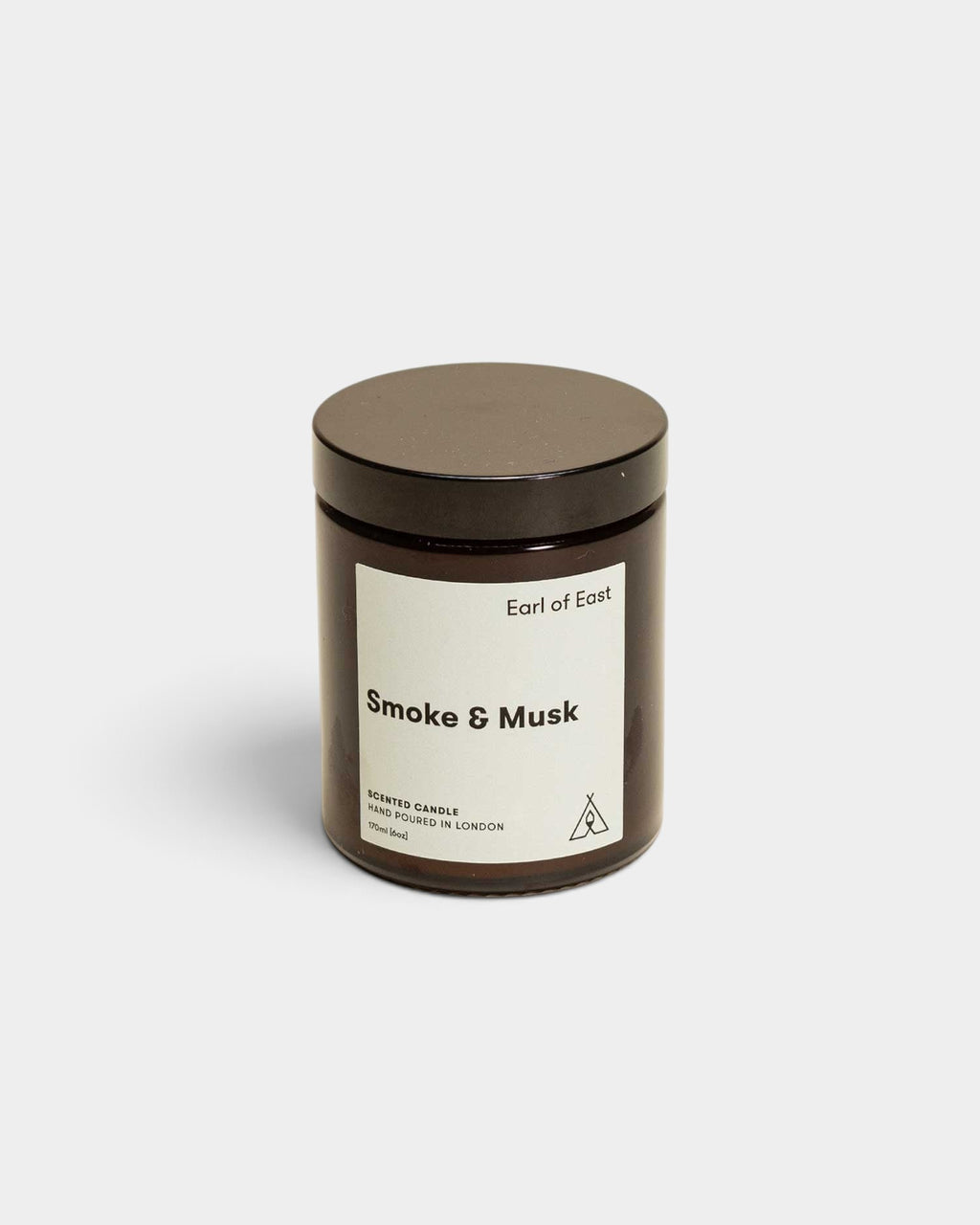 Lockwood Avenue Earl of East Smoke & Musk soy wax candle in a 170ml amber glass jar with a black lid