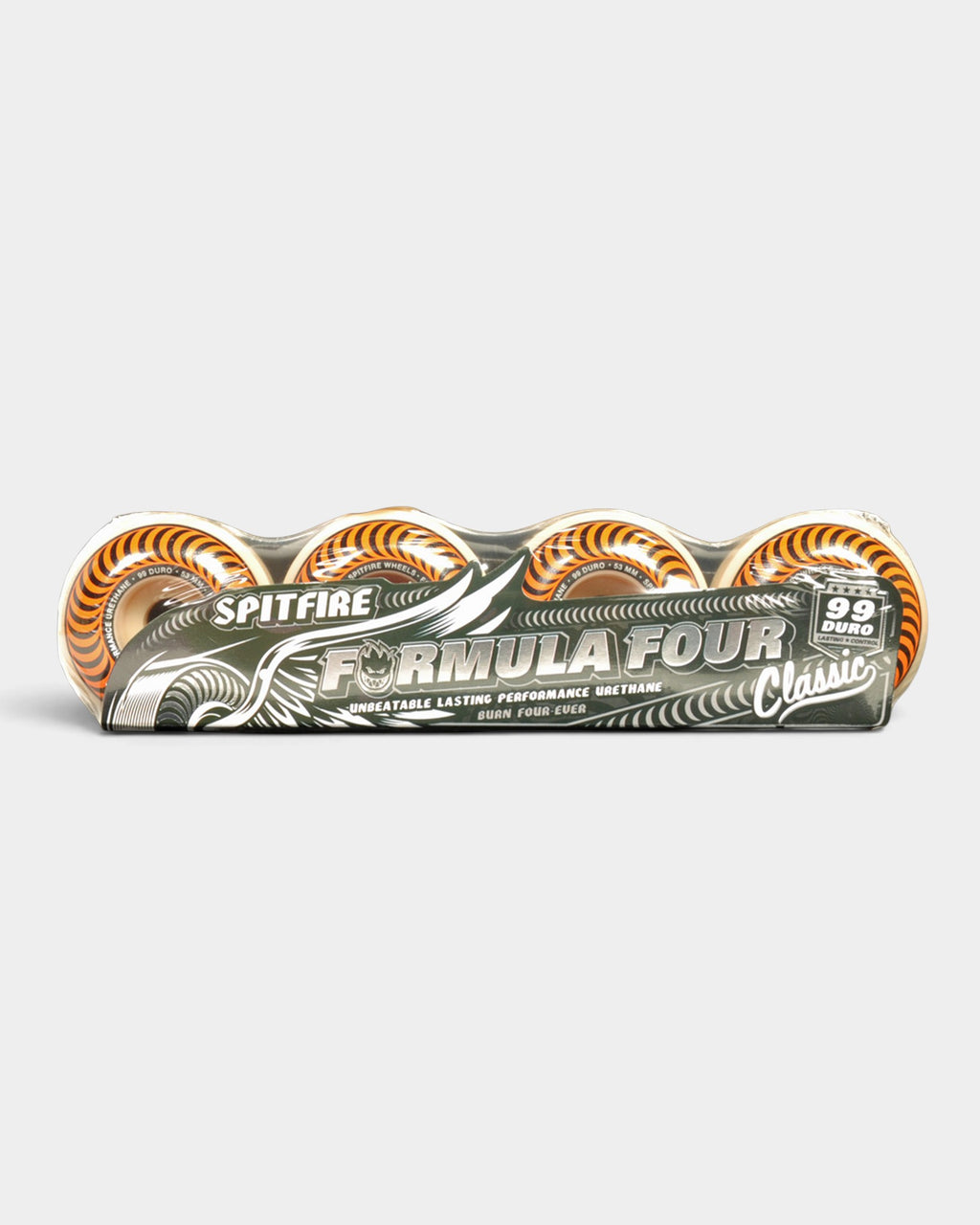 Lockwood Avenue Spitfire F4 53mm 99A classic skateboard wheels in natural urethane with orange graphic print