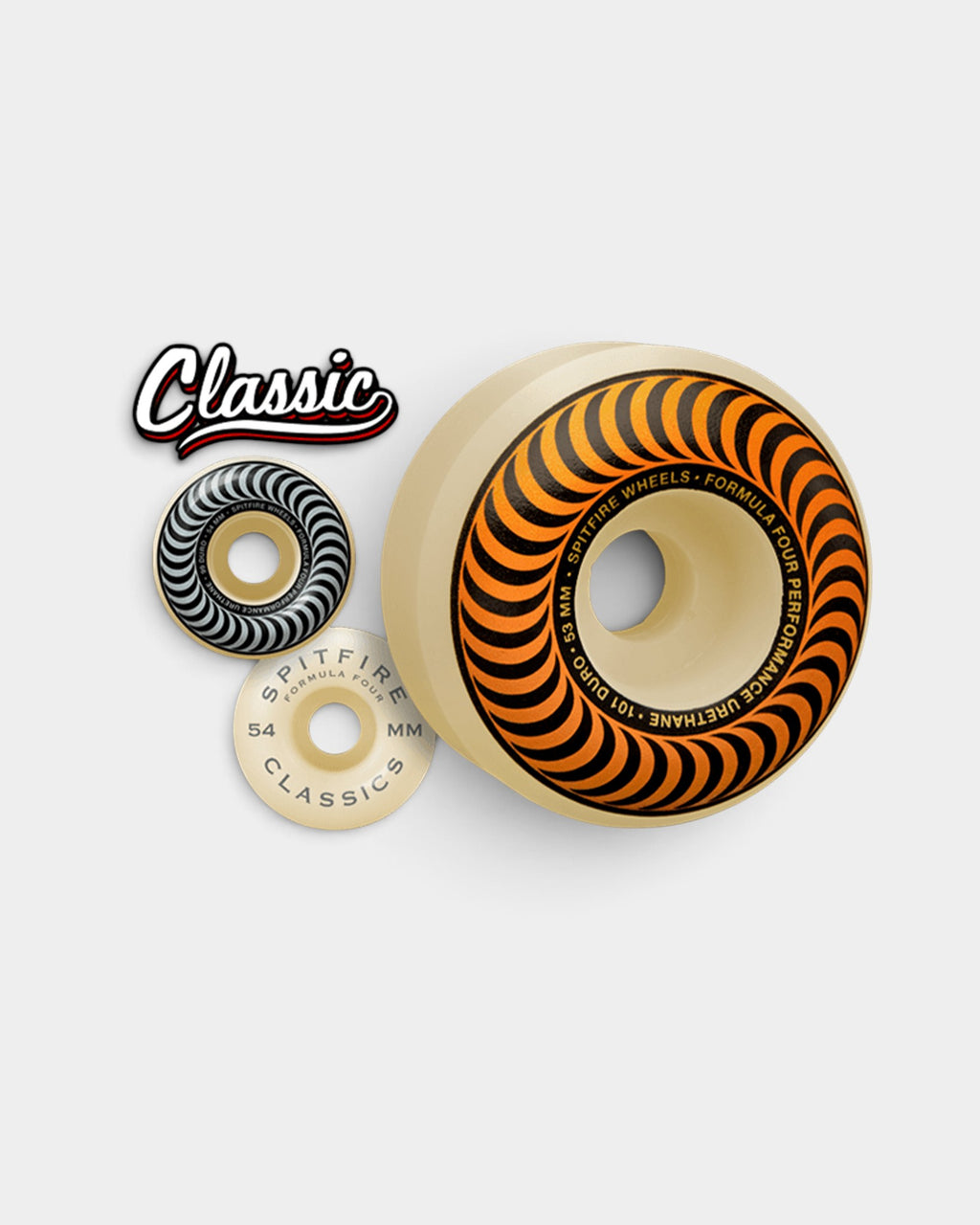 Lockwood Avenue Spitfire F4 53mm classic skateboard wheels in natural urethane with orange swirl graphic print
