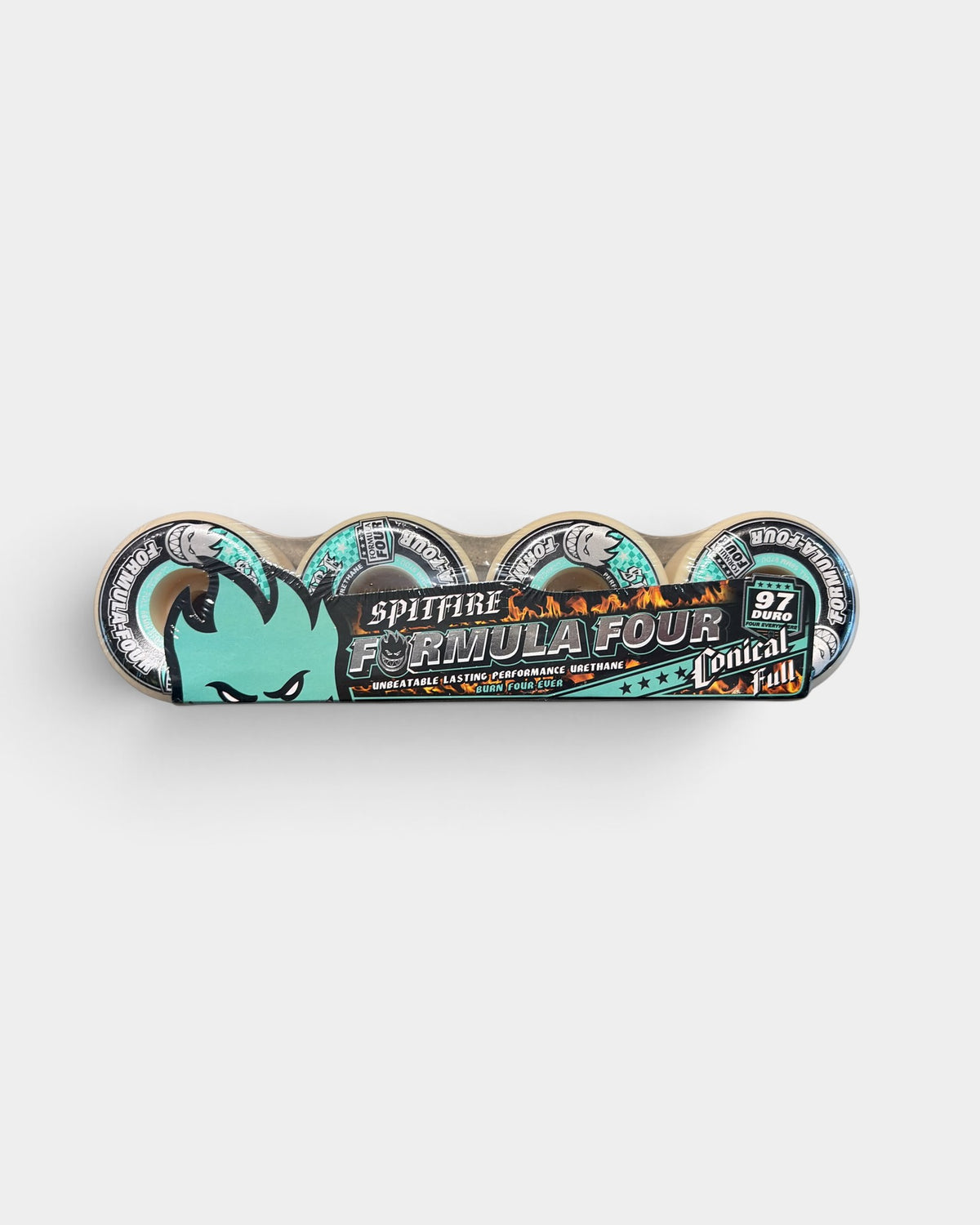 Lockwood Avenue Spitfire Formula Four 58mm 97A skateboard wheels in conical full shape with teal and black branding