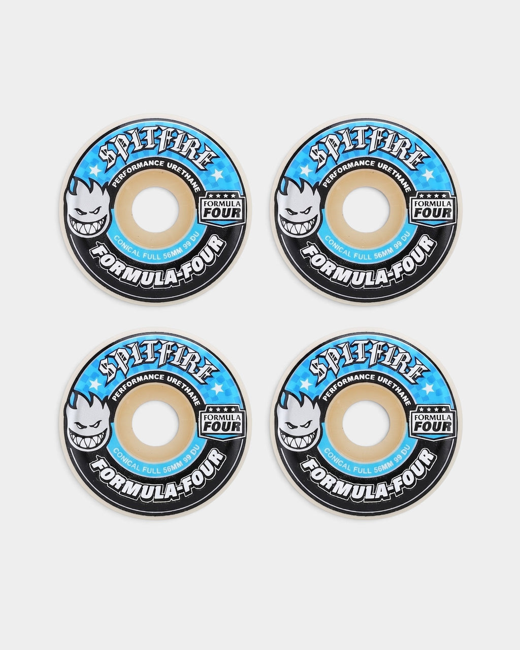 Lockwood Avenue set of four Spitfire Formula Four 56mm 99A conical full skateboard wheels with blue graphic design