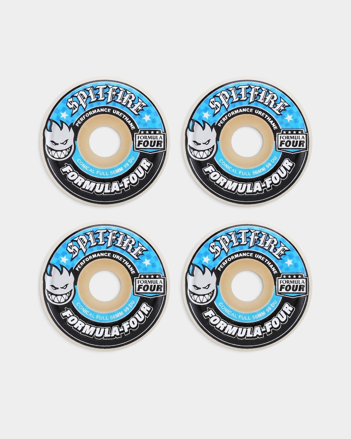 Lockwood Avenue set of four Spitfire Formula Four 56mm 99A conical full skateboard wheels with blue graphic design