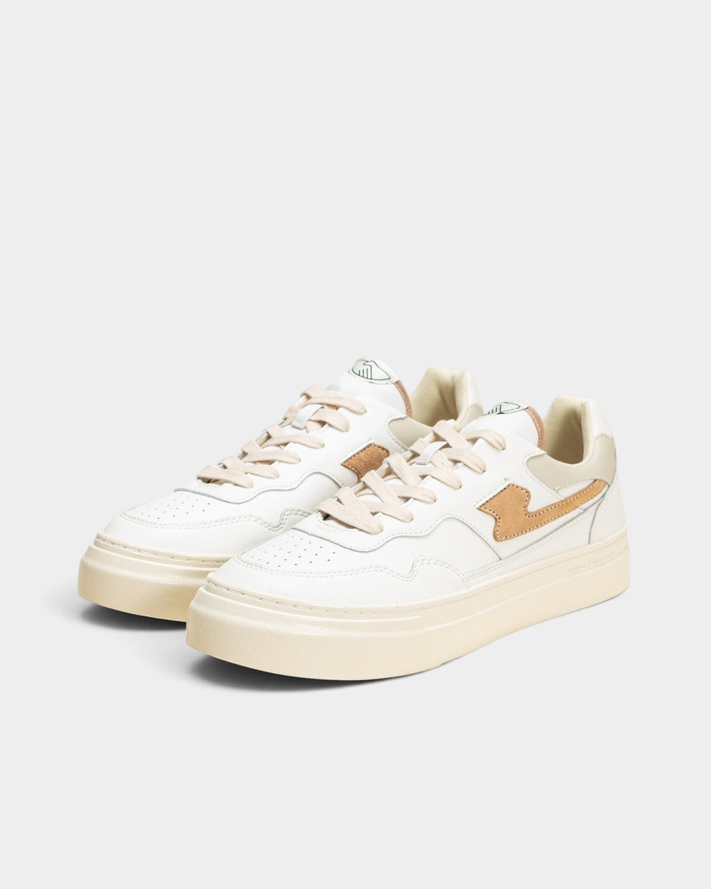 Lockwood Avenue Stepney Workers Club Pearl S-Strike white leather sneakers with earth brown accents and cupsole.