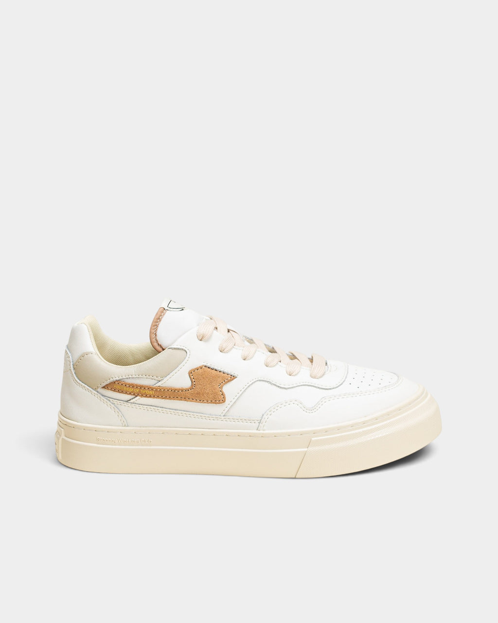 Lockwood Avenue Stepney Workers Club Pearl S-Strike white leather sneakers with earth-toned accents and cupsole.