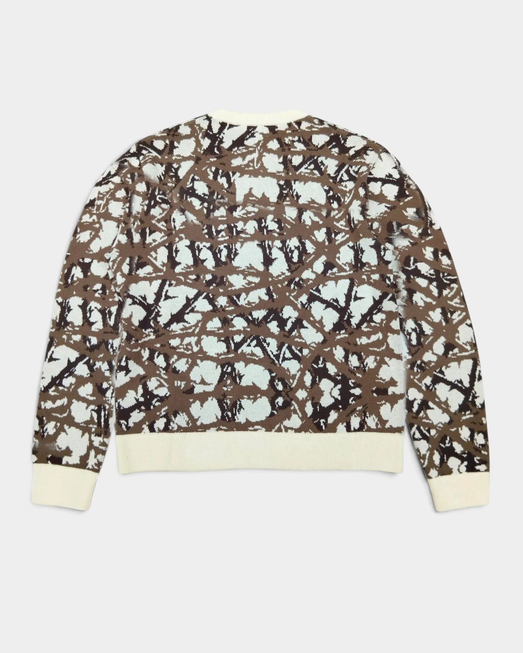 Lockwood Avenue Stingwater Thorn knit sweater in brown and cream cotton jacquard with a back view.