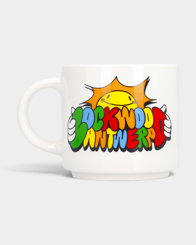 Lockwood Avenue 300ml ceramic stacking mug featuring a colorful Sunny Antwerp graphic with a grinning sun.