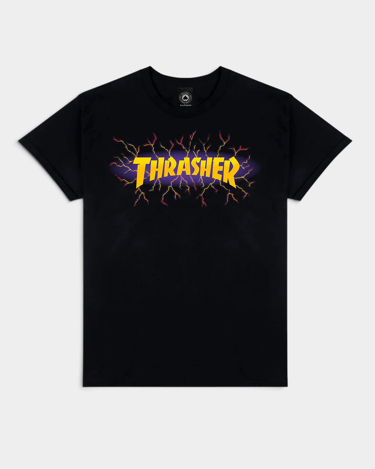 Lockwood Avenue black cotton crew neck t-shirt featuring a yellow Thrasher lightning logo graphic on the chest.