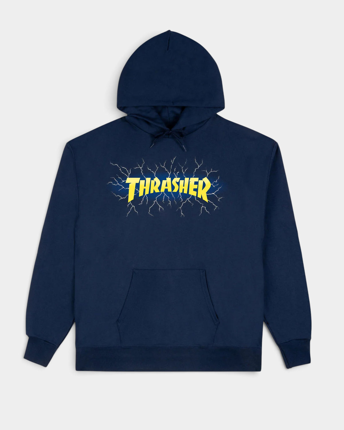Lockwood Avenue Thrasher navy blue cotton blend hoodie with yellow lightning graphic logo on chest and front pocket