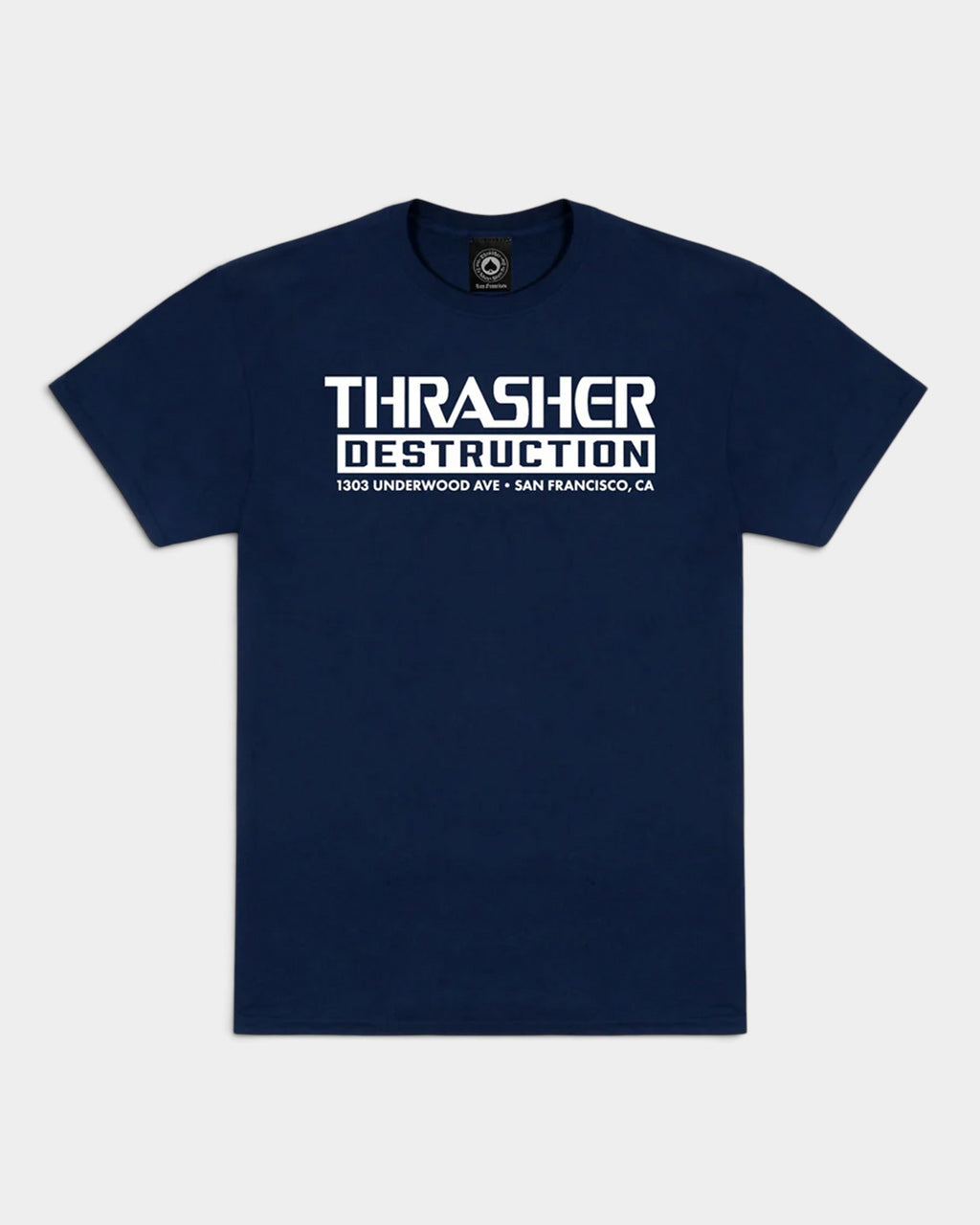 Lockwood Avenue Thrasher Destruction navy blue cotton t-shirt with white graphic print on the chest