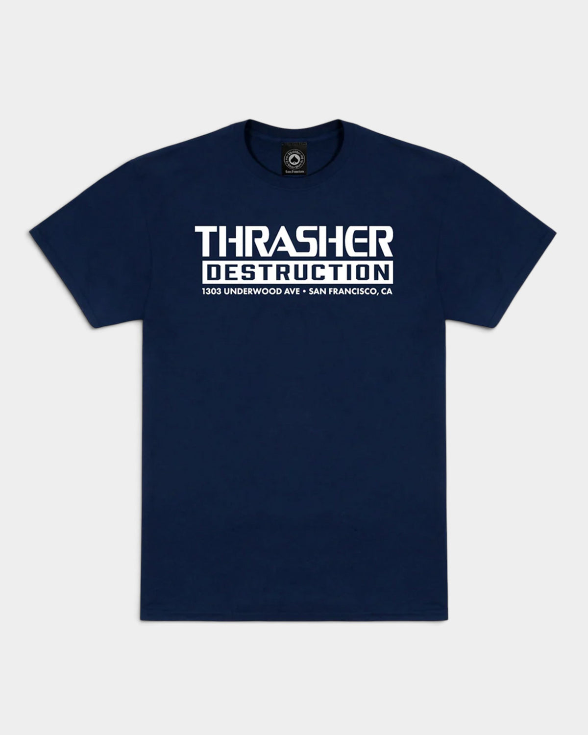 Lockwood Avenue Thrasher Destruction navy blue cotton t-shirt with white graphic print on the chest